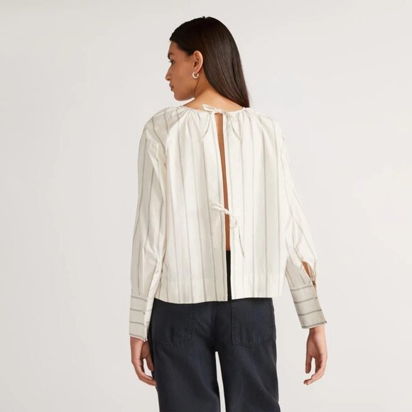 EVERLANE Ivory Striped Cotton Poplin Open Back Breeze Shirt Blouse, Size XS - Picture 2 of 16